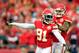 KANSAS CITY, MO - OCTOBER 20: Outside linebacker Tamba Hali #91 of the Kansas City Chiefs is congratulated by inside linebacker Derrick Johnson #56 after sacking quarterback Case Keenum #7 of the Houston Texans late in the 2nd half of the game at Arrowhead Stadium on October 20, 2013 in Kansas City, Missouri. (Photo by Jamie Squire/Getty Images)