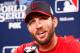 BOSTON, MA - OCTOBER 22: Adam Wainwright #50 of the St. Louis Cardinals answers questions during 2013 World Series Media Day at Fenway Park on October 22, 2013 in Boston, Massachusetts. The Boston Red Sox host the Cardinals in Game 1 on October 23, 2013. (Photo by Jared Wickerham/Getty Images)