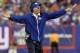 Sep 15, 2013; East Rutherford, NJ, USA; New York Giants head coach Tom Coughlin reacts after a Denver Broncos touchdown during the fourth quarter of a game at MetLife Stadium. The Broncos defeated the Giants 41-23. Mandatory Credit: Brad Penner-USA TODAY Sports