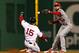 BOSTON, MA - OCTOBER 23: Pete Kozma #38 of the St. Louis Cardinals drops the ball as Dustin Pedroia #15 of the Boston Red Sox slides into second base during Game One of the 2013 World Series at Fenway Park on October 23, 2013 in Boston, Massachusetts. (Photo by Elsa/Getty Images)