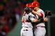 BOSTON, MA - OCTOBER 24: Trevor Rosenthal #26 and Yadier Molina #4 of the St. Louis Cardinals celebrate after defeating the Boston Red Sox 4-2 in Game Two of the 2013 World Series at Fenway Park on October 24, 2013 in Boston, Massachusetts. (Photo by Jared Wickerham/Getty Images)