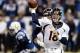 Oct 20, 2013; Indianapolis, IN, USA; Denver Broncos quarterback Peyton Manning (18) throws a pass against the Indianapolis Colts in the fourth quarter at Lucas Oil Stadium. Mandatory Credit: Ron Chenoy-USA TODAY Sports