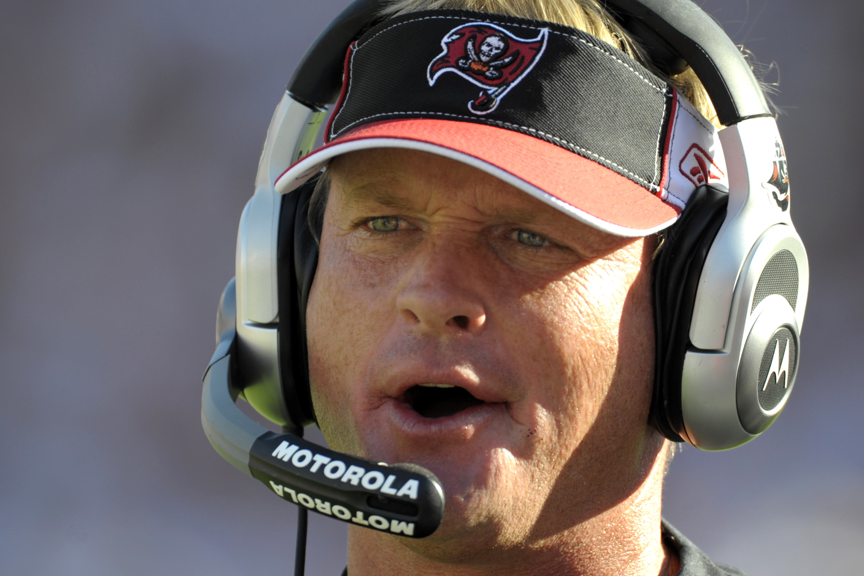 Tampa Bay Buccaneers' head coach Jon Gruden greets Denver Broncos