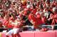 Oct 27, 2013; Kansas City, MO, USA; Kansas City Chiefs wide receiver Dexter McCluster (22) celebrates with the fans after scoring a touchdown during the first half of the game against the Cleveland Browns at Arrowhead Stadium. Mandatory Credit: Denny Medley-USA TODAY Sports