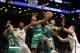 Oct 15, 2013; Brooklyn, NY, USA;Boston Celtics point guard Avery Bradley (0) grabs a rebound in the third quarter of pre-season NBA game against the Brooklyn Nets at Barclays Center. Mandatory Credit: Noah K. Murray-USA TODAY Sports