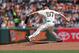 Aug 10, 2013; San Francisco, CA, USA; San Francisco Giants starting pitcher Chad Gaudin (57) pitches the ball against the Baltimore Orioles during the first inning at AT&T Park. Mandatory Credit: Kelley L Cox-USA TODAY Sports