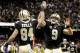 Oct 27, 2013; New Orleans, LA, USA; New Orleans Saints quarterback Drew Brees (9) and wide receiver Kenny Stills (84) celebrates after a touchdown against the Buffalo Bills during the second half of a game at Mercedes-Benz Superdome. The Saints defeated the Bills 35-17. Mandatory Credit: Derick E. Hingle-USA TODAY Sports