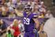 Oct 27, 2013; Minneapolis, MN, USA; Minnesota Vikings defensive end Jared Allen (69) prior to a play during the third quarter against the Green Bay Packers at Mall of America Field at H.H.H. Metrodome. The Packers defeated the Vikings 44-31. Mandatory Credit: Brace Hemmelgarn-USA TODAY Sports