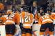 Oct 8, 2013; Philadelphia, PA, USA; Philadelphia Flyers head coach Craig Berube talks to his team during the second period against the Florida Panthers at Wells Fargo Center. Mandatory Credit: Eric Hartline-USA TODAY Sports