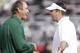 NORMAN, OK - NOVEMBER 10: Head Coach Art Briles of the Baylor Bears, left, and Head Coach of the Oklahoma Sooners Bob Stoops talk before the game November 10, 2012 at Gaylord Family-Oklahoma Memorial Stadium in Norman, Oklahoma. Oklahoma defeated Baylor 42-34. (Photo by Brett Deering/Getty Images)