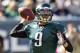 Oct 20, 2013; Philadelphia, PA, USA; Philadelphia Eagles quarterback Nick Foles (9) passes the ball during the first quarter against the Dallas Cowboys at Lincoln Financial Field. The Cowboys defeated the Eagles 17-3. Mandatory Credit: Howard Smith-USA TODAY Sports