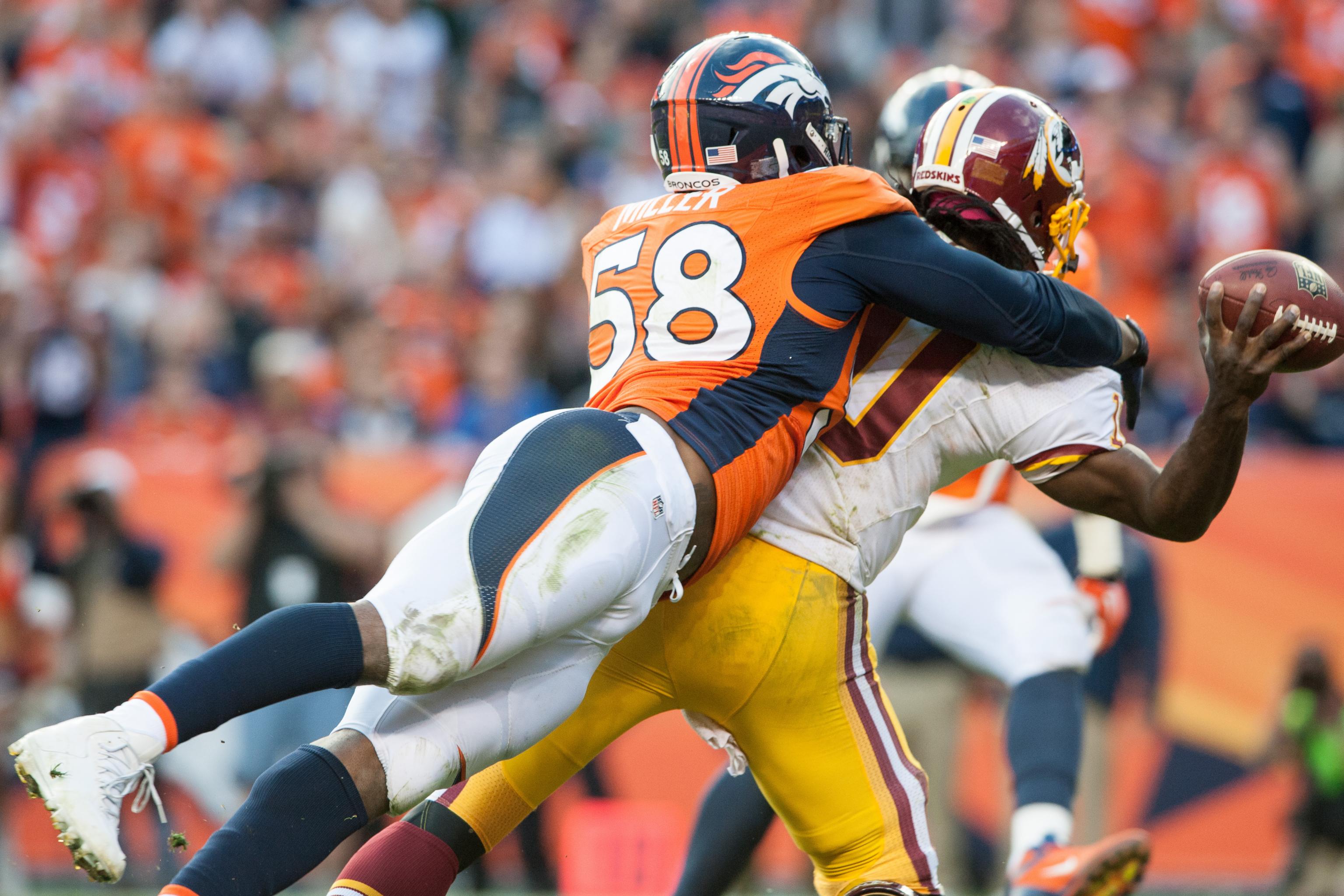 Denver Broncos linebacker Von Miller (58) rushes the line of