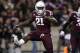 Nov 2, 2013; College Station, TX, USA; Texas A&M Aggies running back Tra Carson (21) reacts after making a tackle on a kick return during the first quarter against the UTEP Miners at Kyle Field. Mandatory Credit: Troy Taormina-USA TODAY Sports