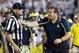 Oct 12, 2013; University Park, PA, USA; Michigan Wolverines head coach Brady Hoke reacts to a call during the fourth quarter against the Penn State Nittany Lions at Beaver Stadium. Penn State defeated Michigan 43-40 in overtime. Mandatory Credit: Matthew O'Haren-USA TODAY Sports