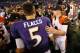BALTIMORE, MD - SEPTEMBER 10: Quarterbacks quarterback Joe Flacco #5 of the Baltimore Ravens and quarterback Andy Dalton #14 of the Cincinnati Bengals talk following the Ravens 44-13 win at M&T Bank Stadium on September 10, 2012 in Baltimore, Maryland. (Photo by Rob Carr/Getty Images)
