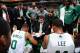 BOSTON, MA - OCTOBER 7: Head Coach Brad Stevens of the Boston Celtics meets with his team during a time out against the Toronto Raptors on October 7, 2013 at the TD Garden in Boston, Massachusetts. NOTE TO USER: User expressly acknowledges and agrees that, by downloading and or using this photograph, User is consenting to the terms and conditions of the Getty Images License Agreement. Mandatory Copyright Notice: Copyright 2013 NBAE (Photo by Brian Babineau/NBAE via Getty Images)