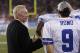 CANTON, OH - AUGUST 8: Dallas Cowboys owner Jerry Jones talks with Tony Romo #9 on the sidelines against the Cincinnati Bengals during the 2010 Pro Football Hall of Fame Game at the Pro Football Hall of Fame Field at Fawcett Stadium on August 8, 2010 in Canton, Ohio. The Cowboys defeated the Bengals 16-7. (Photo by Joe Robbins/Getty Images)