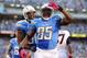 SAN DIEGO, CA - OCTOBER 15: Antonio Gates #85 of the San Diego Chargers celebrates his touchdown with Malcom Floyd #80 for a 10-0 lead over the Denver Broncos at Qualcomm Stadium on October 15, 2012 in San Diego, California. (Photo by Harry How/Getty Images)