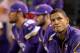 Oct 27, 2013; Minneapolis, MN, USA; Minnesota Vikings quarterback Josh Freeman (12) sits by the other quarterbacks during the fourth quarter against the Green Bay Packers at Mall of America Field at H.H.H. Metrodome. The Packers defeated the Vikings 44-31. Mandatory Credit: Brace Hemmelgarn-USA TODAY Sports