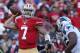 Nov 10, 2013; San Francisco, CA, USA; San Francisco 49ers quarterback Colin Kaepernick (7) throws for an incomplete pass from the endzone against the Carolina Panthers during the fourth quarter at Candlestick Park. The Carolina Panthers defeated the San Francisco 49ers 10-9. Mandatory Credit: Kelley L Cox-USA TODAY Sports