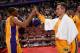 ANAHEIM, CA - OCTOBER 25: Wesley Johnson #11 and Steve Nash #10 of the Los Angeles Lakers high-five after a preseason game against the Utah Jazz at the Honda Center in Anaheim, California on October 25, 2013. NOTE TO USER: User expressly acknowledges and agrees that, by downloading and or using this photograph, User is consenting to the terms and conditions of the Getty Images License Agreement. Mandatory Copyright Notice: Copyright 2013 NBAE (Photo by Andrew D. Bernstein/NBAE via Getty Images)
