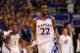 Nov 8, 2013; Lawrence, KS, USA; Kansas Jayhawks guard Andrew Wiggins (22) celebrates after scoring during the second half of the game against the Louisiana Monroe Warhawks at Allen Fieldhouse. Kansas won 80 - 63. Mandatory Credit: Denny Medley-USA TODAY Sports