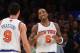 NEW YORK, NY - JANUARY 03: J.R. Smith #8 thanks Pablo Prigioni #9 of the New York Knicks for his pass late in the fourth quarter that led to Smith's behind the head two-pointer against the San Antonio Spurs at Madison Square Garden on January 3, 2013 in New York City. NOTE TO USER: User expressly acknowledges and agrees that, by downloading and/or using this photograph, user is consenting to the terms and conditions of the Getty Images License Agreement. (Photo by Bruce Bennett/Getty Images)