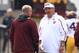 Nov 2, 2013; Bloomington, IN, USA; Minnesota Golden Gophers head coach Jerry Kill and Indiana Hoosiers head coach Kevin Wilson talk before the game at Memorial Stadium. Mandatory Credit: Pat Lovell-USA TODAY Sports