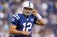 INDIANAPOLIS, IN - NOVEMBER 10: Andrew Luck #12 of the Indianapolis Colts walks off of the field after throwing his third interception during the game against the St. Louis Rams at Lucas Oil Stadium on November 10, 2013 in Indianapolis, Indiana. (Photo by Andy Lyons/Getty Images)