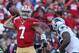 Nov 10, 2013; San Francisco, CA, USA; San Francisco 49ers quarterback Colin Kaepernick (7) throws for an incomplete pass from the endzone against the Carolina Panthers during the fourth quarter at Candlestick Park. The Carolina Panthers defeated the San Francisco 49ers 10-9. Mandatory Credit: Kelley L Cox-USA TODAY Sports