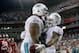 Nov 11, 2013; Tampa, FL, USA; Miami Dolphins wide receiver Rishard Matthews (18) is congratulated by center Mike Pouncey (51) after he scored a touchdown against the Tampa Bay Buccaneers during the second half at Raymond James Stadium. Mandatory Credit: Kim Klement-USA TODAY Sports