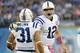 SAN DIEGO, CA - OCTOBER 14: Quarterback Andrew Luck #12 of the Indianapolis Colts yells instruction to Donald Brown #31 during the football game against the San Diego Chargers at Qualcomm Stadium October 14, 2013 in San Diego, California. (Photo by Kevork Djansezian/Getty Images)