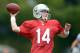Jul 30, 2013; Napa, CA, USA; Oakland Raiders quarterback Matt McGloin (14) throws a pass at training camp at Napa Valley Marriott. Mandatory Credit: Kirby Lee-USA TODAY Sports
