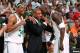 BOSTON - JUNE 17: (L-R) Paul Pierce #34, head coach Doc Rivers and Kevin Garnett #5 of the Boston Celtics celebrate late in the fourth quarter against the Los Angeles Lakers in Game Six of the 2008 NBA Finals on June 17, 2008 at the TD Banknorth Garden in Boston, Massachusetts. NOTE TO USER: User expressly acknowledges and agrees that, by downloading and or using this photograph, User is consenting to the terms and conditions of the Getty Images License Agreement. Mandatory Copyright: 2008 NBAE (Photo by Jesse D. Garrabrant/NBAE/Getty Images)