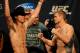Nov 15, 2013; Las Vegas, NV, USA; UFC fighters Donald Cerrone (left) and Evan Dunham pose for photos during the weigh-in for UFC 167 at MGM Grand Garden Arena. Mandatory Credit: Stephen R. Sylvanie-USA TODAY Sports