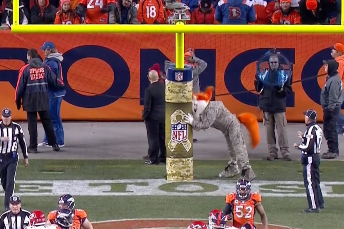 Broncos Mascot Repeatedly Slams Head into Goal Post After 