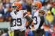 Nov 17, 2013; Cincinnati, OH, USA; Cleveland Browns free safety Tashaun Gipson (39) and Cleveland Browns cornerback Joe Haden (23) react during the first half against the Cincinnati Bengals at Paul Brown Stadium. Mandatory Credit: Kevin Jairaj-USA TODAY Sports
