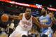 Nov 18, 2013; Oklahoma City, OK, USA; Oklahoma City Thunder small forward Kevin Durant (35) handles the ball against Denver Nuggets small forward Wilson Chandler (21) during the fourth quarter at Chesapeake Energy Arena. Mandatory Credit: Mark D. Smith-USA TODAY Sports