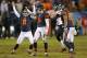 CHICAGO, IL - NOVEMBER 17: (L-R) Adam Podlesh #8, Robbie Gould #9 and Martellus Bennett #83 of the Chicago Bears celebrate Gould's game-winning 38 yard field goal against the Baltimore Ravens at Soldier Field on November 17, 2013 in Chicago, Illinois. The Bears defeated the Ravens 23-20 in overtime. (Photo by Jonathan Daniel/Getty Images)
