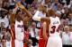 May 8, 2013; Miami, FL, USA; Miami Heat point guard Norris Cole (30) congratulates shooting guard Ray Allen (34) after his basket against the Chicago Bulls during the first half in game two of the second round of the 2013 NBA Playoffs against the Miami Heat at American Airlines Arena. Mandatory Credit: Robert Mayer-USA TODAY Sports