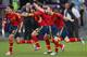 DONETSK, UKRAINE - JUNE 27: Jesus Navas, Sergio Ramos and Andres Iniesta of Spain celebrate the winning penalty during the UEFA EURO 2012 semi final match between Portugal and Spain at Donbass Arena on June 27, 2012 in Donetsk, Ukraine. (Photo by Alex Livesey/Getty Images)
