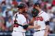 ATLANTA, GA - OCTOBER 04: Mike Minor #36 and Brian McCann #16 of the Atlanta Braves speak on the mound in the first inning against the Los Angeles Dodgers during Game Two of the National League Division Series at Turner Field on October 4, 2013 in Atlanta, Georgia. (Photo by Kevin C. Cox/Getty Images)
