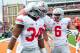 Nov 16, 2013; Champaign, IL, USA; Ohio State Buckeyes running back Carlos Hyde (34) is congratulated by tight end Jeff Heuerman (86) and wide receiver Evan Spencer (6) after Hyde's touchdown during the first quarter against the Illinois Fighting Illini at Memorial Stadium. Mandatory Credit: Bradley Leeb-USA TODAY Sports