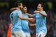 MANCHESTER, ENGLAND - NOVEMBER 24: Alvaro Negredo (L) of Manchester City celebrates his team's fifth goal with Sergio Aguero (C) and Samir Nasri during the Barclays Premier League match between Manchester City and Tottenham Hotspur at Etihad Stadium on November 24, 2013 in Manchester, England. (Photo by Alex Livesey/Getty Images)