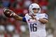 Sep 20, 2013; Fresno, CA, USA; Boise State Broncos quarterback Joe Southwick (16) prepares to throw a pass against the Fresno State Bulldogs in the first quarter at Bulldog Stadium. Mandatory Credit: Cary Edmondson-USA TODAY Sports