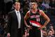NEW YORK, NY - NOVEMBER 18: Head Coach Terry Stotts of the Portland Trail Blazers shares a word with Nicolas Batum #88 during a game at Barclays Center on November 18, 2013 in the Brooklyn borough of New York City. NOTE TO USER: User expressly acknowledges and agrees that, by downloading and/or using this Photograph, user is consenting to the terms and conditions of the Getty Images License Agreement. Mandatory Copyright Notice: Copyright 2013 NBAE (Photo by Nathaniel S. Butler/NBAE via Getty Images)