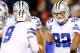 EAST RUTHERFORD, NJ - NOVEMBER 24: Jason Witten #82 of the Dallas Cowboys listens as quarterback Tony Romo discusses the play in the huddle in the fourth quarter against the New York Giants at MetLife Stadium on November 24, 2013 in East Rutherford, New Jersey.The Dallas Cowboys defeated the New York Giants 24-21. (Photo by Elsa/Getty Images)
