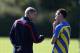ST ALBANS, ENGLAND - AUGUST 20: Arsene Wenger, manager of Arsenal talks to Laurent Koscielny during a training session ahead of their UEFA Champions League Play Off first leg match against Fenerbache at London Colney on August 20, 2013 in St Albans, England. (Photo by Matthew Lewis/Getty Images)