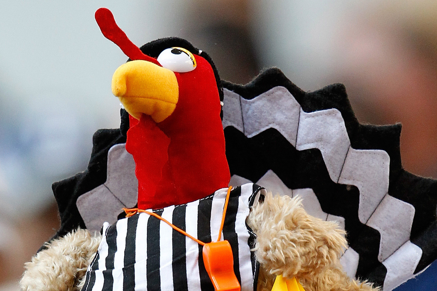 A Detroit Lions fan wears a turkey hat for Thanksgiving during an