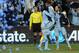 Nov 23, 2013; Kansas City, KS, USA; Sporting KC forward Dom Dwyer (14) and midfielder/forward Graham Zusi (8) congratulate forward C.J. Sapong (17) after Sapong scores a goal during the first half of the MLS Eastern Conference Championship soccer game against the Houston Dynamo at Sporting Park. Mandatory Credit: Denny Medley-USA TODAY Sports